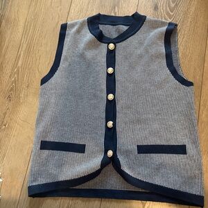 SHEIN Navy & White Striped Knit Sleeveless Vest with Gold Buttons